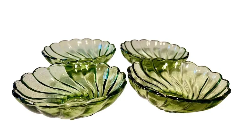 1960s MCM Hazel Atlas Avocado Green Glass Berry Bowls Seashell Swirl 4 Pieces